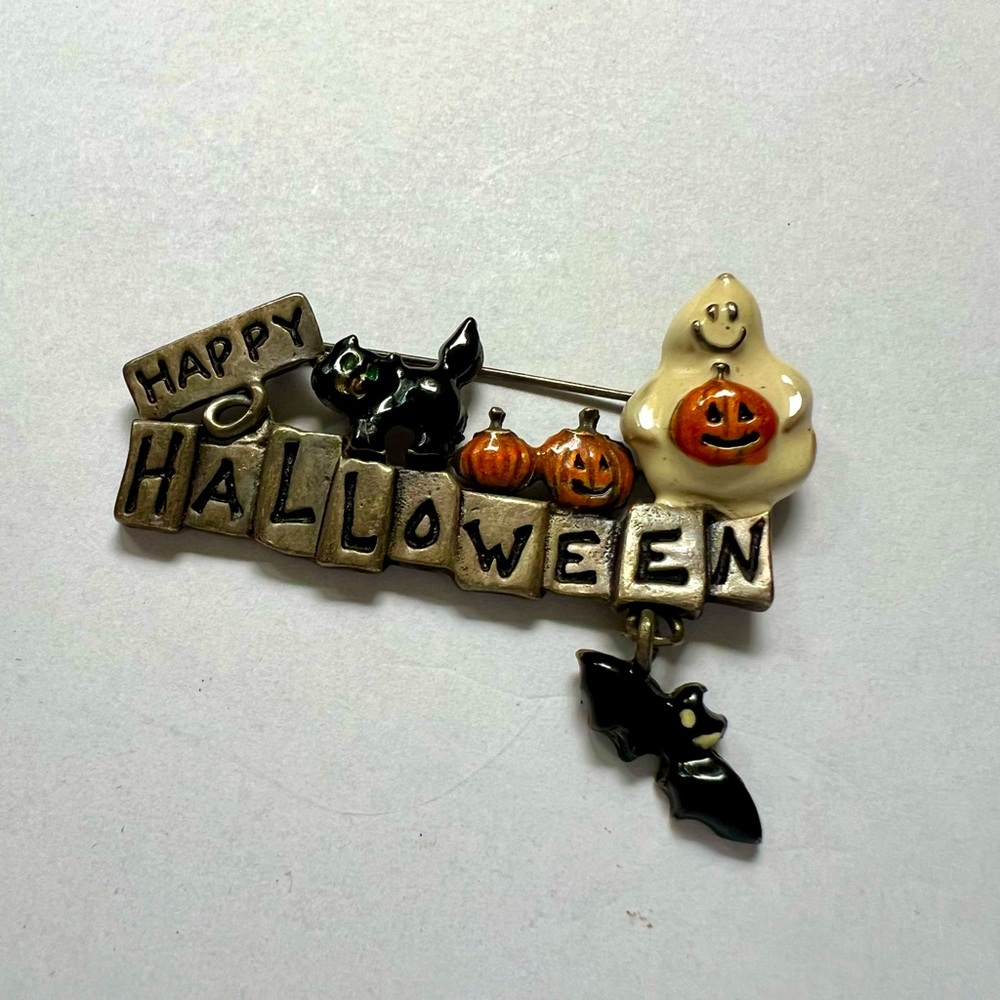 Happy Halloween Spooky Pin with Cheerful Ghost, Cat, and Bat
